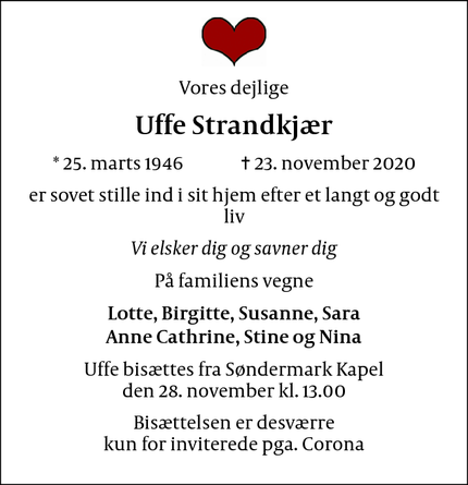 Dødsannoncen for Uffe Strandkjær - Frederiksberg
