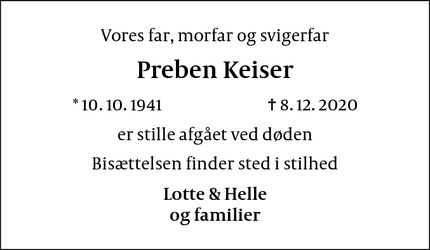 Dødsannoncen for Preben Keiser - Stoholm