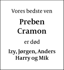 Dødsannoncen for Preben Cramon - Præstø