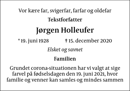 Dødsannoncen for Jørgen Holleufer - Lyngby