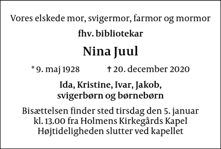 Dødsannoncen for Nina Juul - Gentofte