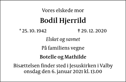 Dødsannoncen for Bodil Hjerrild - Valby