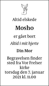 Dødsannoncen for Mosho - København K