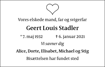 Dødsannoncen for Geert Louis Stadler - København