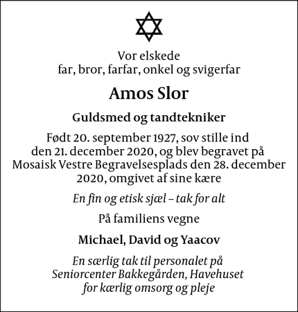 Dødsannoncen for Amos Slor - Søborg