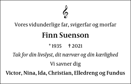 Dødsannoncen for Finn Suenson - Nivå
