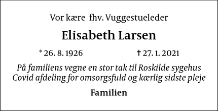 Dødsannoncen for Elisabeth Larsen - Roskilde
