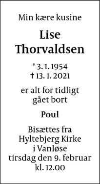 Dødsannoncen for Lise
Thorvaldsen - Vanløse