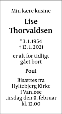 Dødsannoncen for Lise
Thorvaldsen - Vanløse