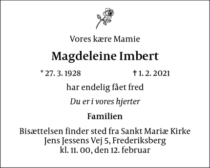 Dødsannoncen for Magdeleine Imbert - Frederiksberg