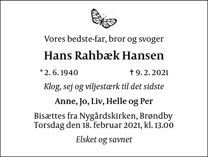 Dødsannoncen for Hans Rahbæk Hansen - Brøndby