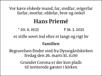 Dødsannoncen for Hans Priemé - Gentofte