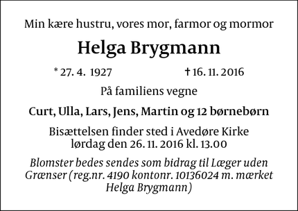 Dødsannoncen for Helga Brygmann - Hvidovre