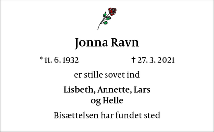 Dødsannoncen for Jonna Ravn - København