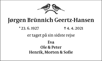 Dødsannoncen for Jørgen Brünnich Geertz-Hansen - Virum