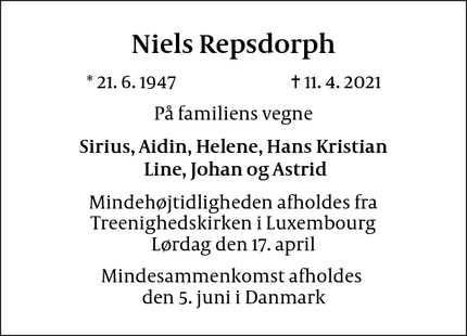 Dødsannoncen for Niels Repsdorph - Luxembourg