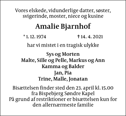 Dødsannoncen for Amalie Bjarnhof - Helsingør