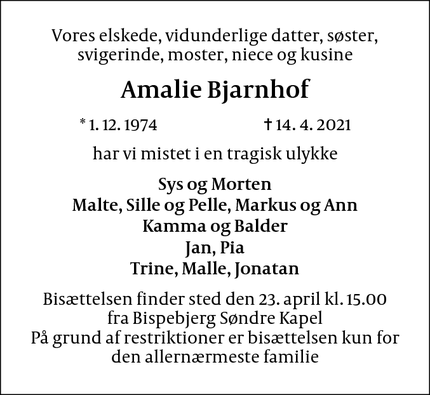 Dødsannoncen for Amalie Bjarnhof - Helsingør
