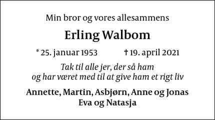 Dødsannoncen for Erling Walbom - København