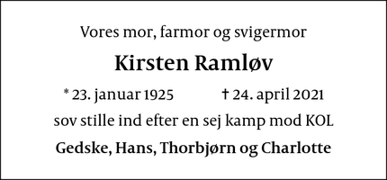 Dødsannoncen for Kirsten Ramløv - Skuldelev