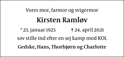 Dødsannoncen for Kirsten Ramløv - Skuldelev