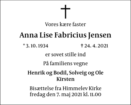 Dødsannoncen for Anna Lise Fabricius Jensen - Roskilde
