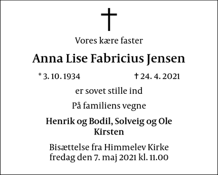 Dødsannoncen for Anna Lise Fabricius Jensen - Roskilde