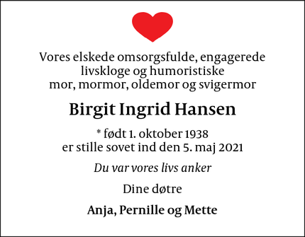 Dødsannoncen for Birgit Ingrid Hansen - Kirkevej 9p, 2920 Charlottenlund