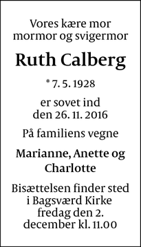 Dødsannoncen for Ruth Calberg - Bagsværd