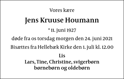 Dødsannoncen for Jens Kruuse Houmann - Hellebæk