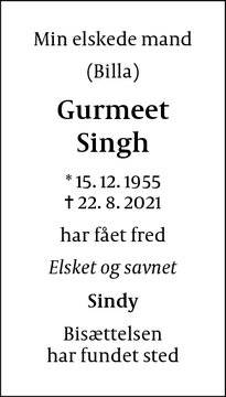 Dødsannoncen for Gurmeet Singh - Hvalsø