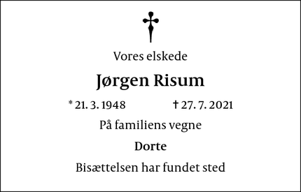 Dødsannoncen for Jørgen Risum - Strömsnäsbruk, Sverige