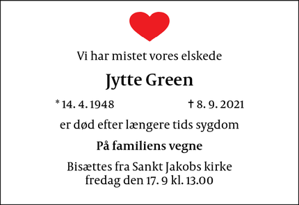 Dødsannoncen for Jytte Green - København