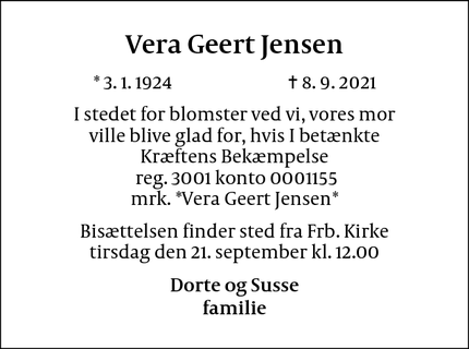 Dødsannoncen for Vera Geert Jensen - Frederiksberg C