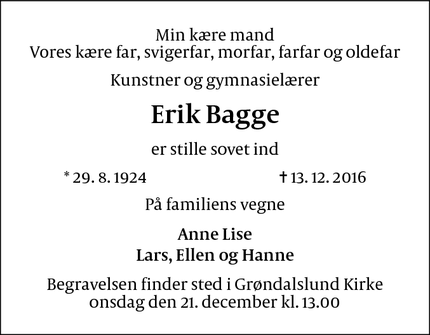 Dødsannoncen for Erik Bagge - Rødovre