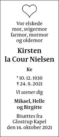 Dødsannoncen for Kirsten
la Cour Nielsen - Glostrup