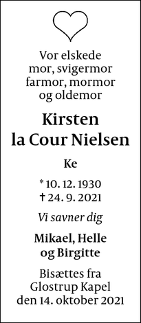 Dødsannoncen for Kirsten
la Cour Nielsen - Glostrup