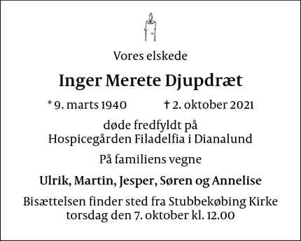 Dødsannoncen for Inger Merete Djupdræt - Nykøbing F