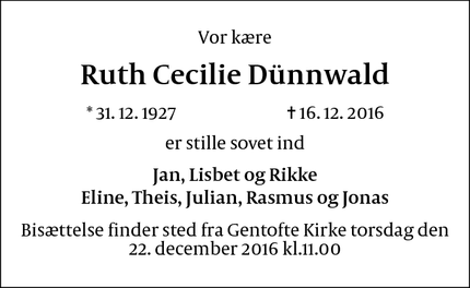 Dødsannoncen for Ruth Cecilie Dünnwald - Ordrup
