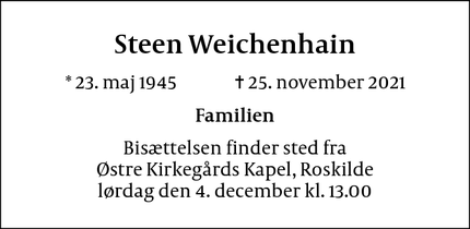 Dødsannoncen for Steen Weichenhain - Kalundborg