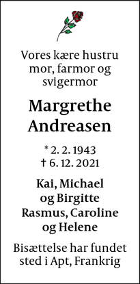 Dødsannoncen for Margrethe
Andreasen - Apt