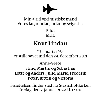 Dødsannoncen for Knut Lindau - Farum