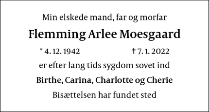 Dødsannoncen for Flemming Arlee Moesgaard - København