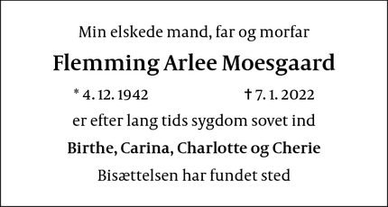 Dødsannoncen for Flemming Arlee Moesgaard - København