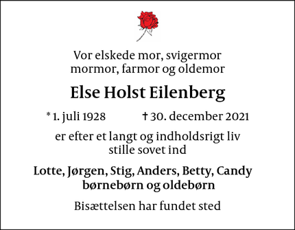 Dødsannoncen for Else Holst Eilenberg - Randers NV