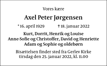 Dødsannoncen for Axel Peter Jørgensen - Asnæs