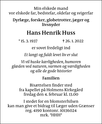 Dødsannoncen for Hans Henrik Huss - København Ø