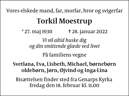 Dødsannoncen for Torkil Moestrup - Frederiksberg
