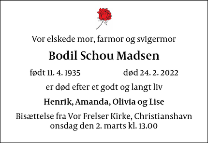 Dødsannoncen for Bodil Schou Madsen - København Ø