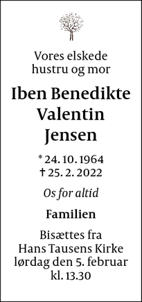 Dødsannoncen for Iben Benedikte
Valentin Jensen - København